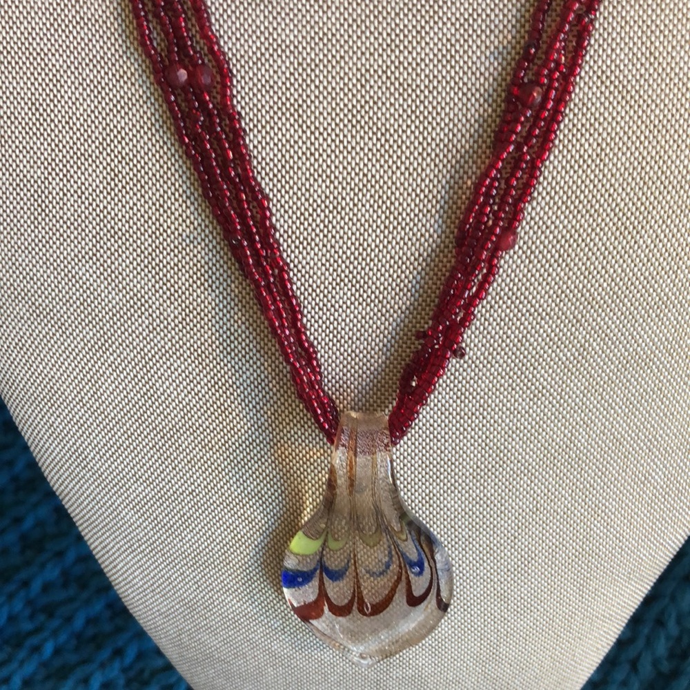 Vintage Art Glass Pendant on Triple Beaded Necklace
